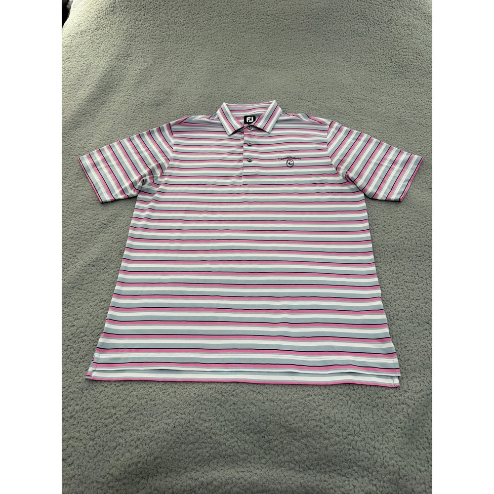 FootJoy Golf Polo Shirt Mens Large Champions Gate Striped Pink Gray White